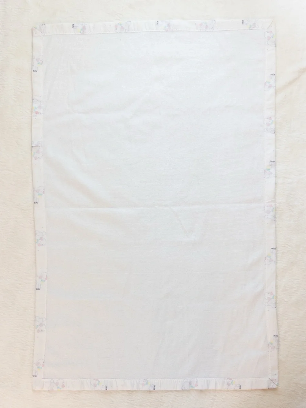 Vintage 90s Crib Blanket Lamb Print Trim White Cotton Baby Blanket 52”x34.5”